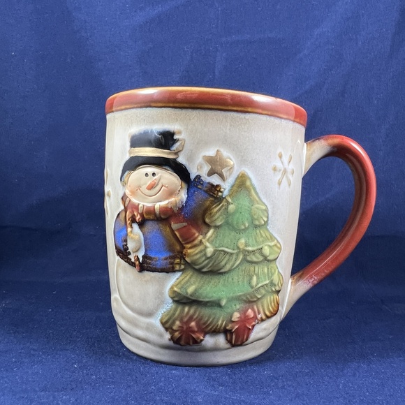 Winter Christmas Snowman Mug Cream Red Embossed Holiday Ceramic Drinkware - Picture 2 of 7